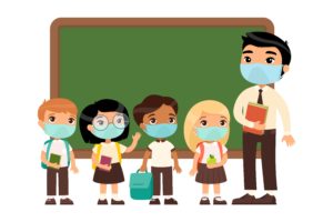 Asian male teacher and international pupils  with protective masks on their faces. Boys and girls dressed in school uniform and male teacher pointing at blackboard cartoon characters. Respiratory virus protection, allergies concept.