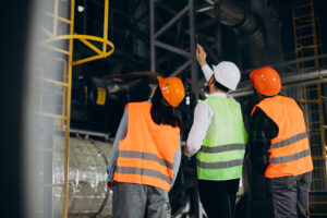 Three factory workers in safety hats discussing manufacture plan