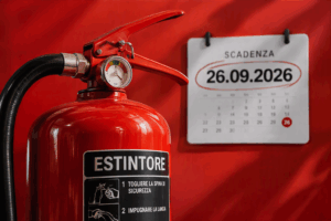 Sfondo rosso con estintore in primo piano Overlay
